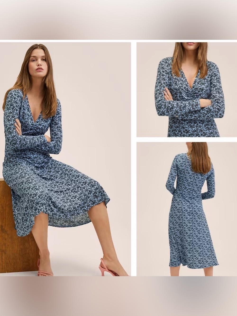 Mango Blue Floral Long Sleeve Midi Dress